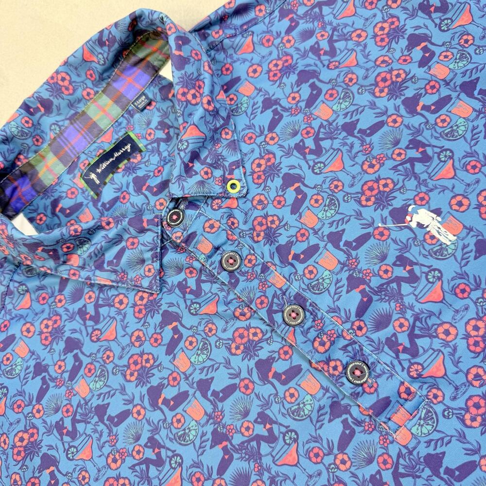 William Murray Polo Shirt Mens XL Blue Cocktail Hawaiian Print Golf Stretch Top